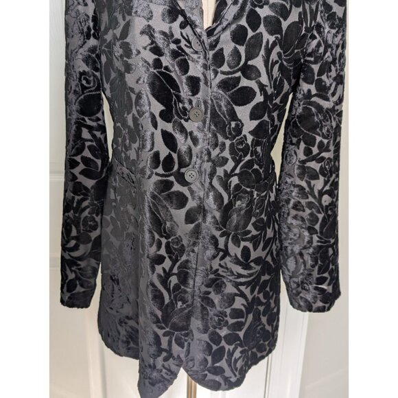 GASTON JAUNET VTG Black Velvet Burnout Long Blazer Cardigan Sz M Witchy Goth - Picture 3 of 11